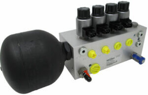 Hydraulic control block with 4 poppet valves and pressure relief valve