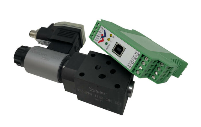Proportional Druckregelventil PPD-11A, Zwischenplatte (WINNER HYDRAULICS), LeistungsverstÃ¤rker PAM-190-P-I, Druckregelmodul MDR-133-U (WEST Elektronik).